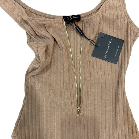 JLUXLABEL Ribbed Tank Zip Front Bodysuit Caramel Tan Size Small - Picture 2 of 7